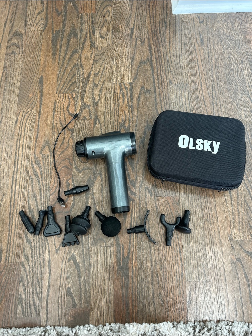Gray Percussion Massage Gun with Multiple Attachments